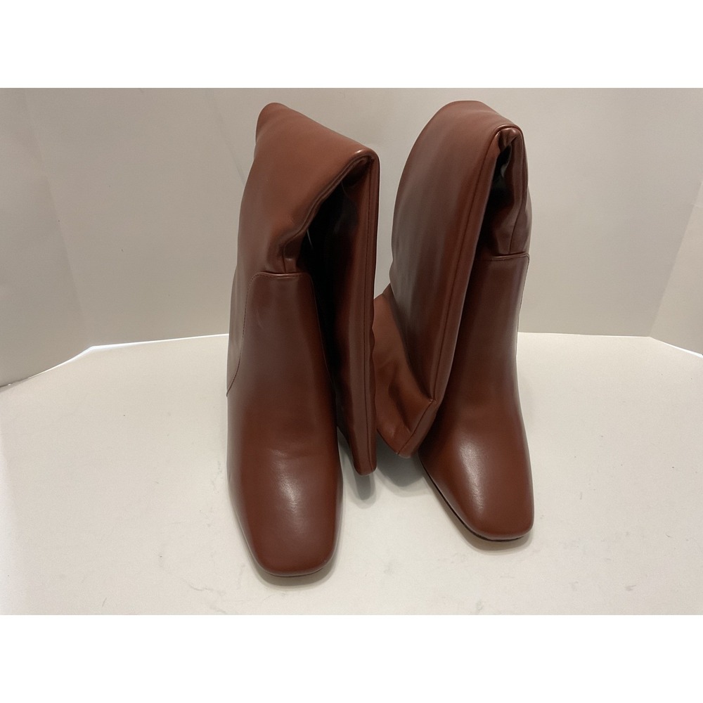 Gabrielle Union Tall Shaft Heeled Bootie Cognac Brown Square Toe Block Heel Sh6